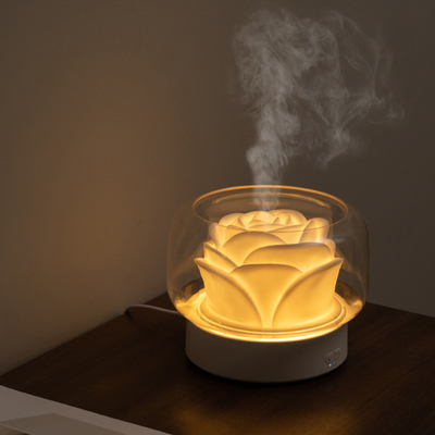 ED Night Light Aroma Oil Diffuser 400ml Humidifier Bentuk Bunga Putih